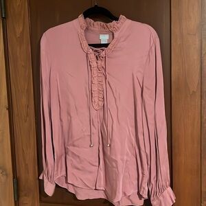 Gorgeous, deep peach, silky, Chicos blouse with ruffled lace up front detailing